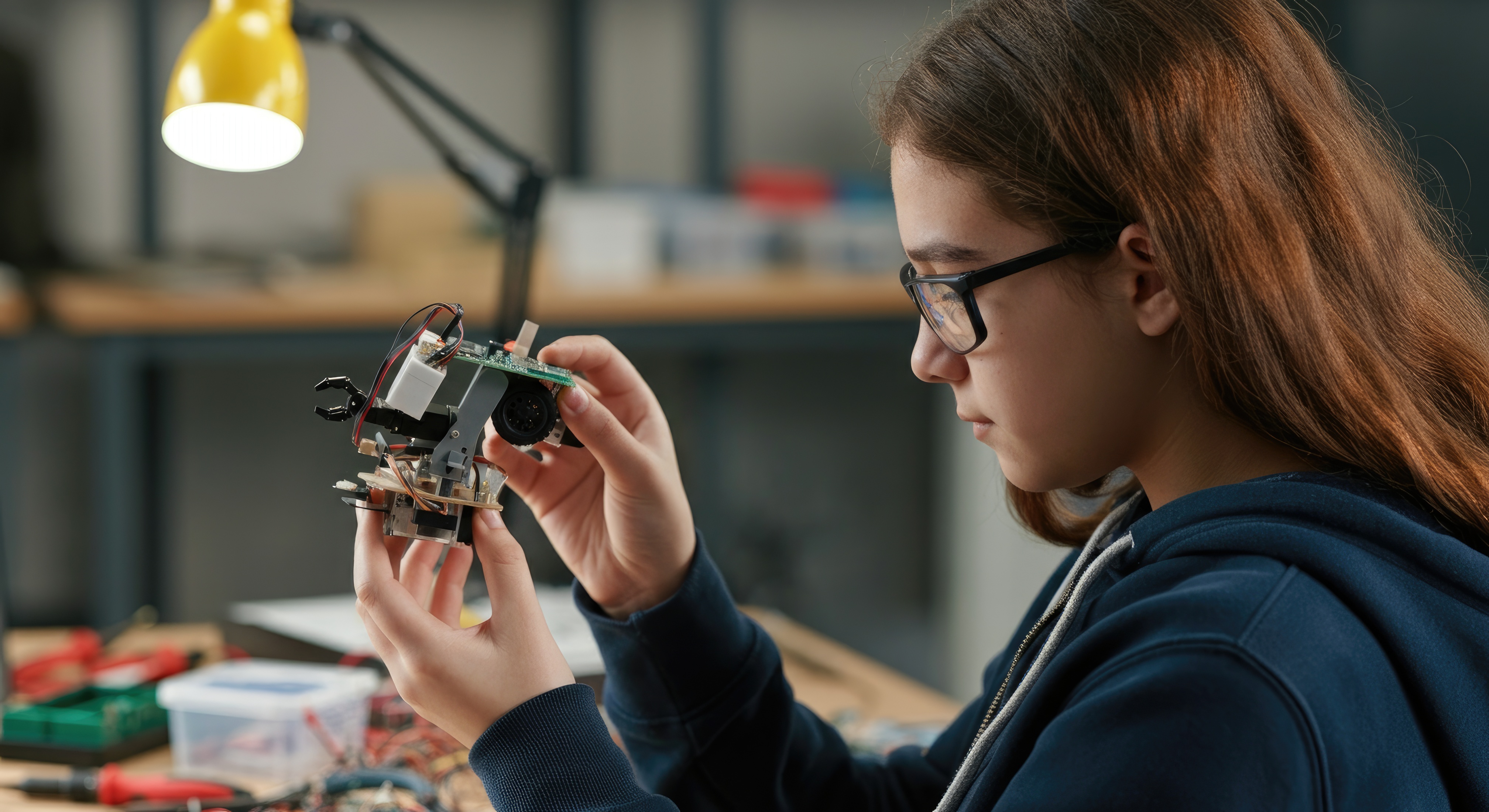 Student working on a robot